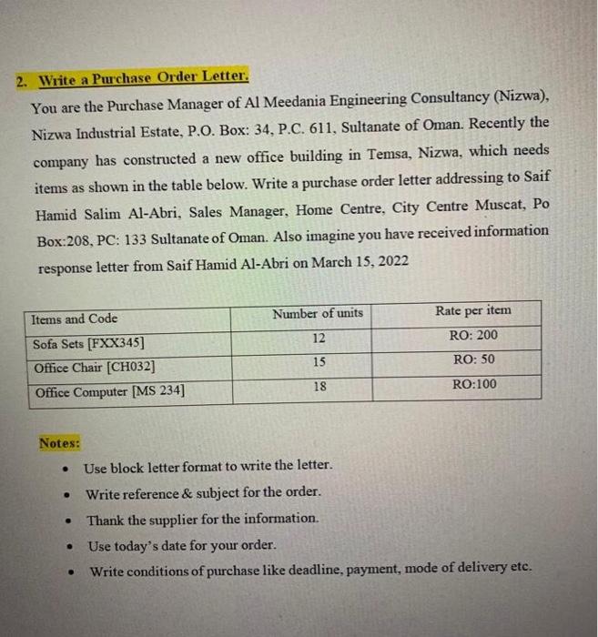 Order Letter. You are the Purchase Manager of Al Meedania Engineering Consultancy