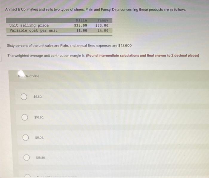 Ahmed & Co. makes and sells two types of shoes, Plain