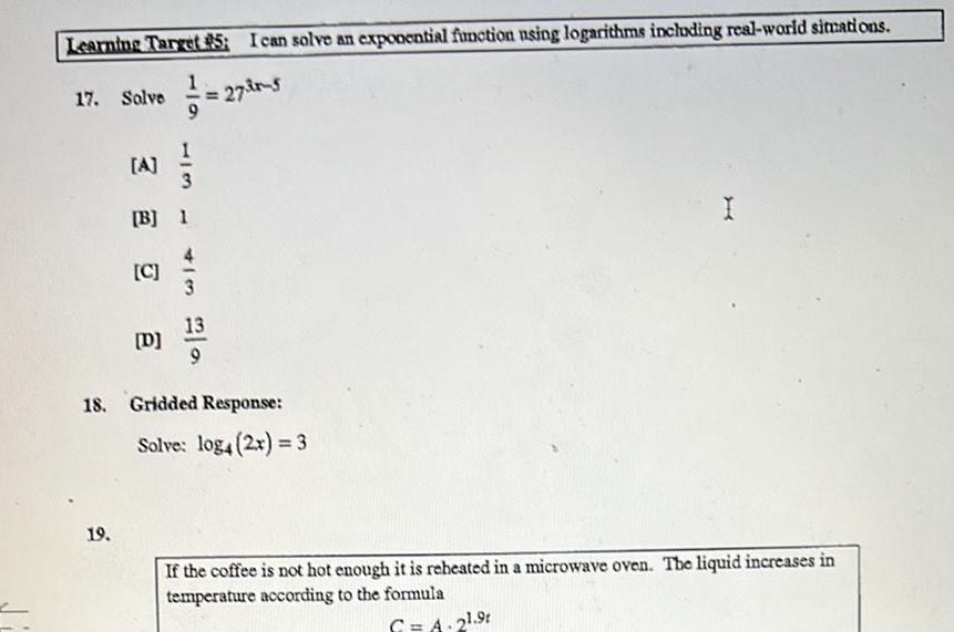 Learning Target 5 I can solve an exponential function using logarithms