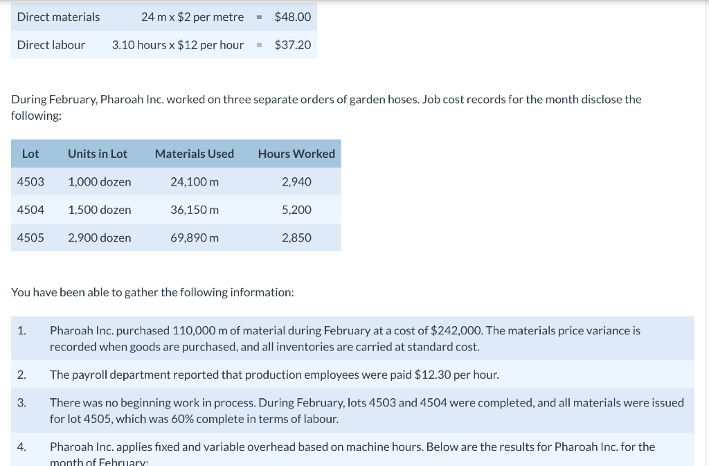 for the month disclose the following: Lot Units in Lot Materials Used