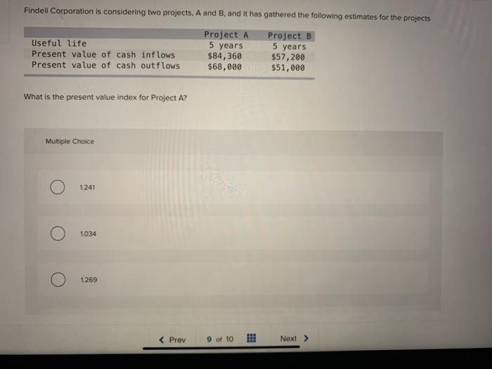 question 9 Findell Corporation is considering two projects. A and B,