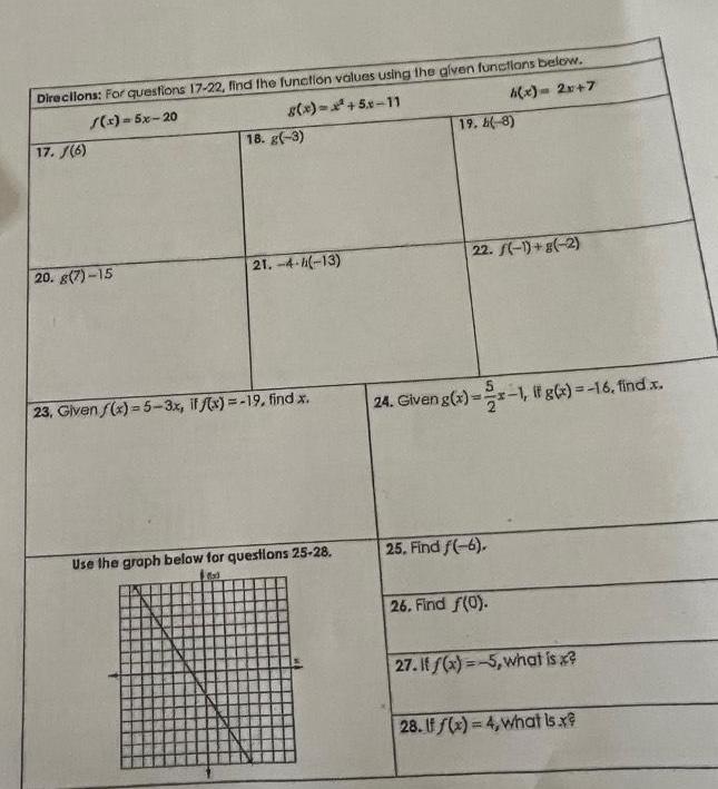  Directions For questions 17 22 find the function values using the
