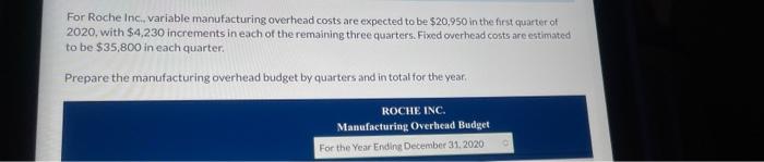  For Roche Inc. variable manufacturing overhead costs are expected to be