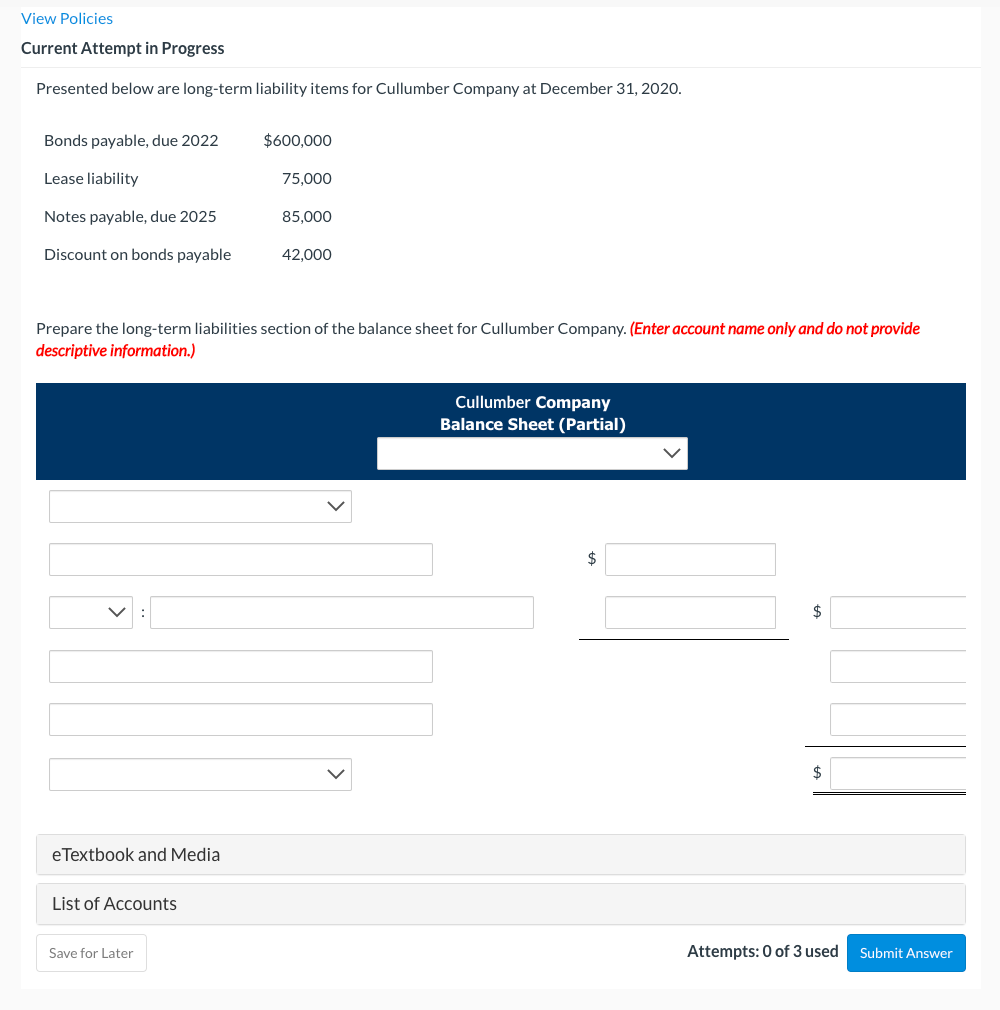  Presented below are long-term liability items for Cullumber Company at December