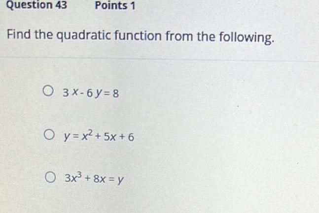  Question 43 Points 1 Find the quadratic function from the following