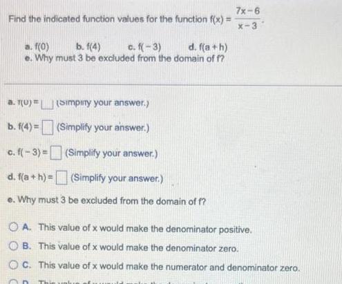  Find the indicated function values for the function f x a
