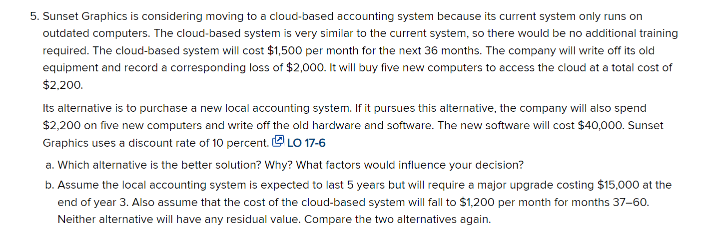 5. Sunset Graphics is considering moving to a cloud-based accounting system