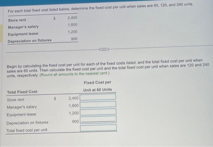 unit when sales are 60, 120 , and 240 units. Begin by