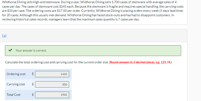 a and b are correct please solve for c Wildhorse Dining
