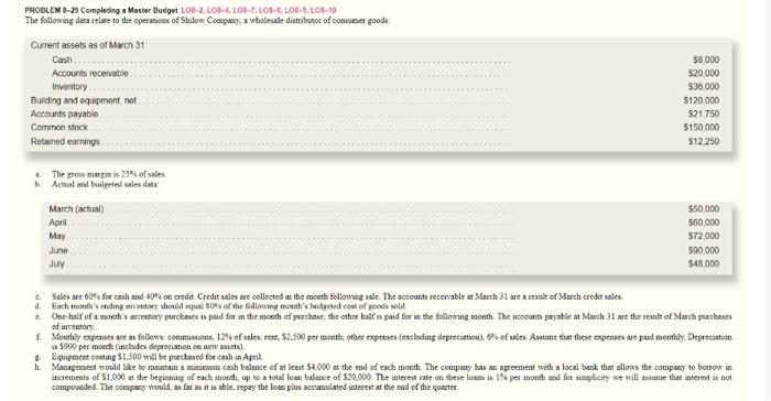 case 8-29 PROBLEM 8-25 Completing a Master Budget L.0-2.LOS-LOS-1.05-1. LO-9. LO-10