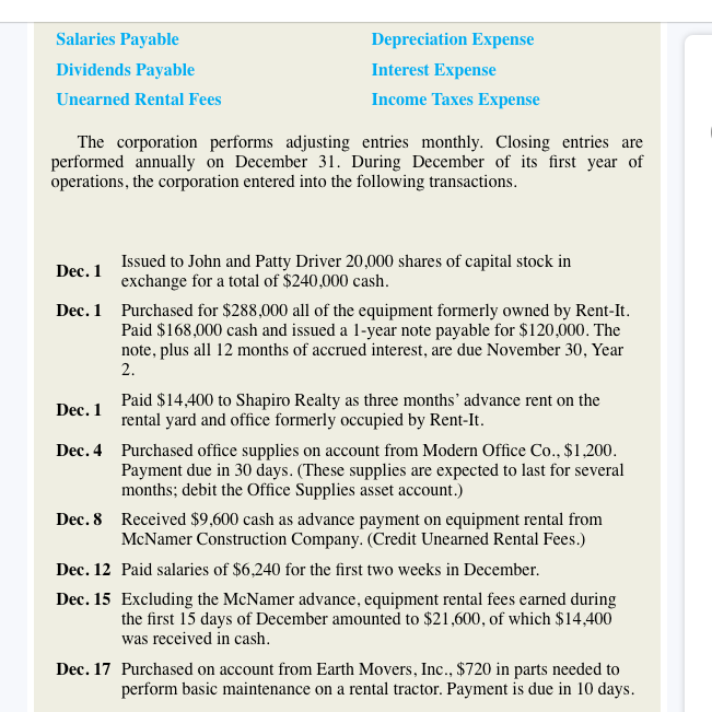 uses the following accounts. CashAccountsReceivablePrepaidRentUnexpiredInsuranceOfficeSuppliesRentalEquipmentAccumulatedDepreciation:RentalEquipmentNotesPayableAccountsPayableInterestPayableSalariesPayableDividendsPayableIncomeTaxesPayableCapitalStockRetainedEarningsDividendsIncomeSummaryRentalFeesEarnedSalariesExpenseMaintenanceExpenseUtilitiesExpenseRentExpenseOfficeSuppliesExpenseDepreciationExpenseInterestExpense The corporation performs adjusting entries monthly. Closing