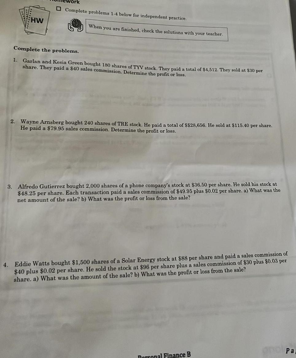 HW Complete problems 1 4 below for independent practice When you