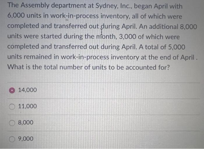 WIP inventory 1,000 units ed to units completed and transferred iclude a
