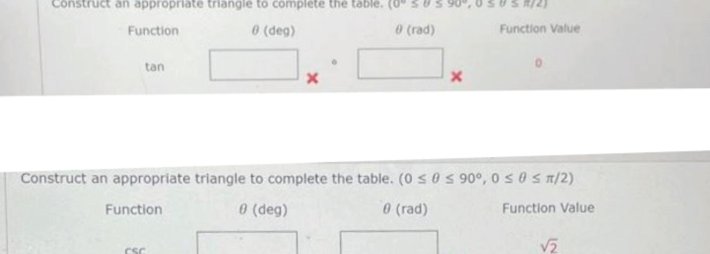 tan Function x CSC 0 rad X Function Value Construct an appropriate