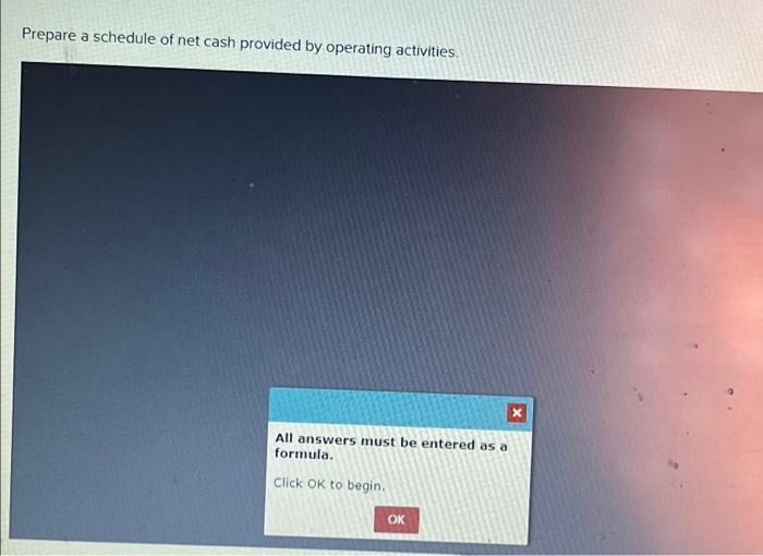  please show formulas too! Prepare a schedule of net cash provided