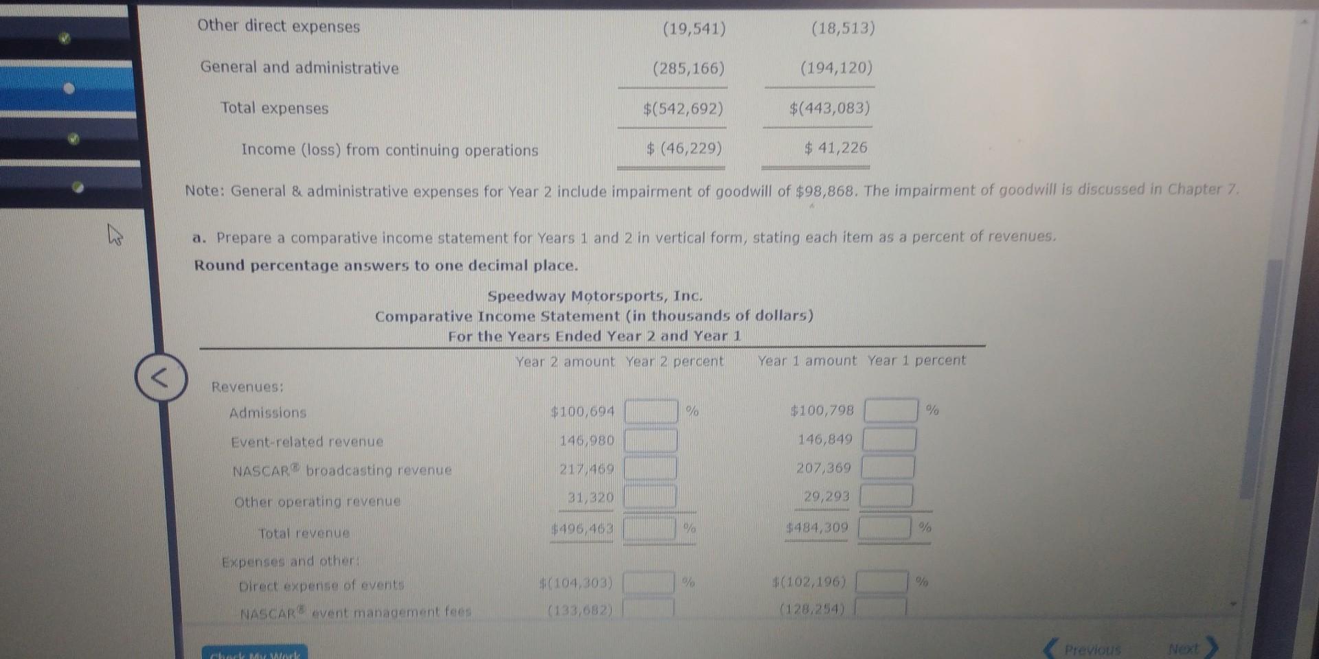 comparative income statement (in thousands of dollars) for two recent years was