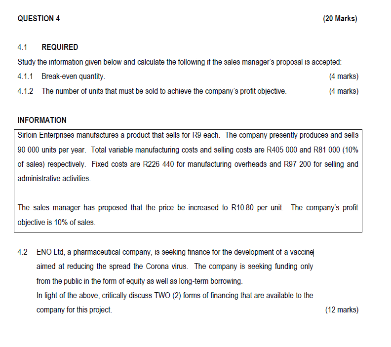  QUESTION 4 (20 Marks) 4.1 REQUIRED Study the information given below