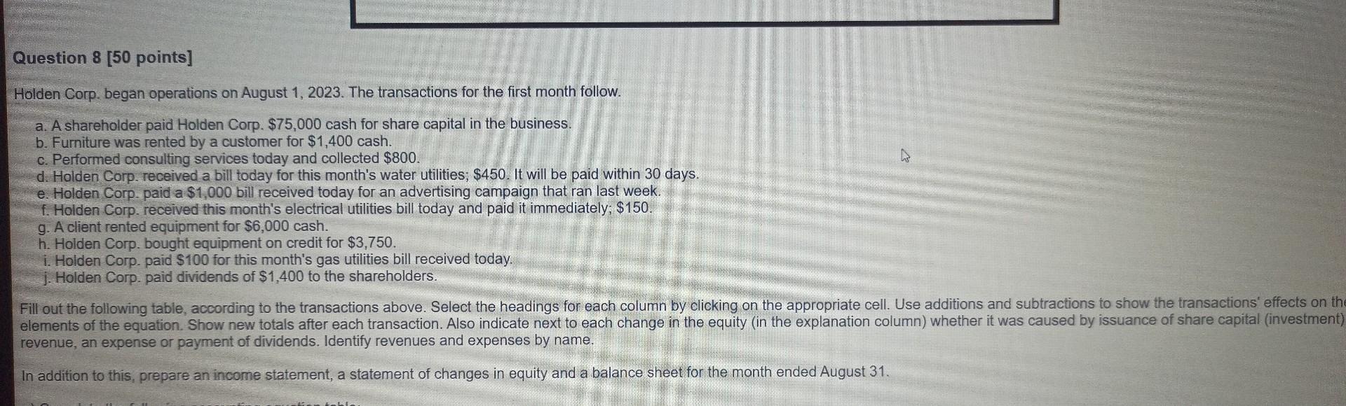  pls solve asap Holden Corp. began operations on August 1, 2023.
