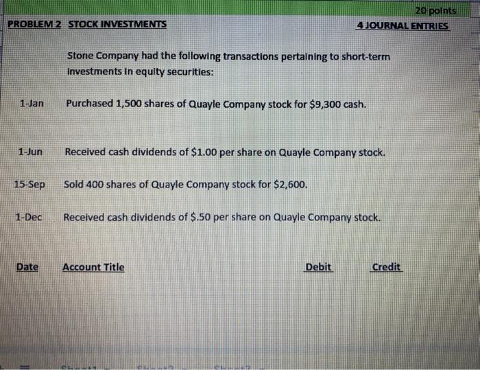 Stone Company had the following transactions pertaining to short-term Investments in equity