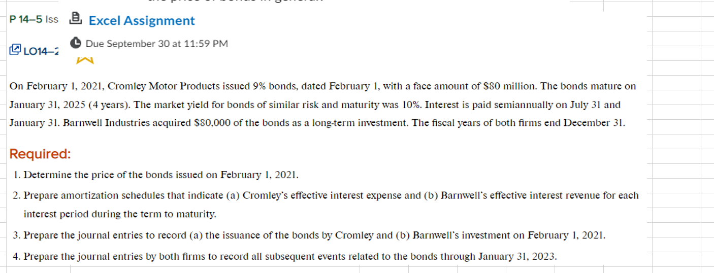 ISSUER ONLY P 14-5 Iss Excel Assignment 14-2 Due September 30