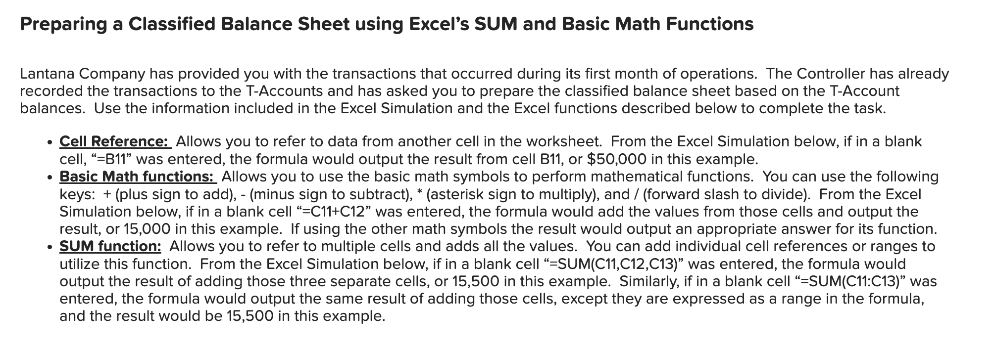Preparing a Classified Balance Sheet using Excel's SUM and Basic Math