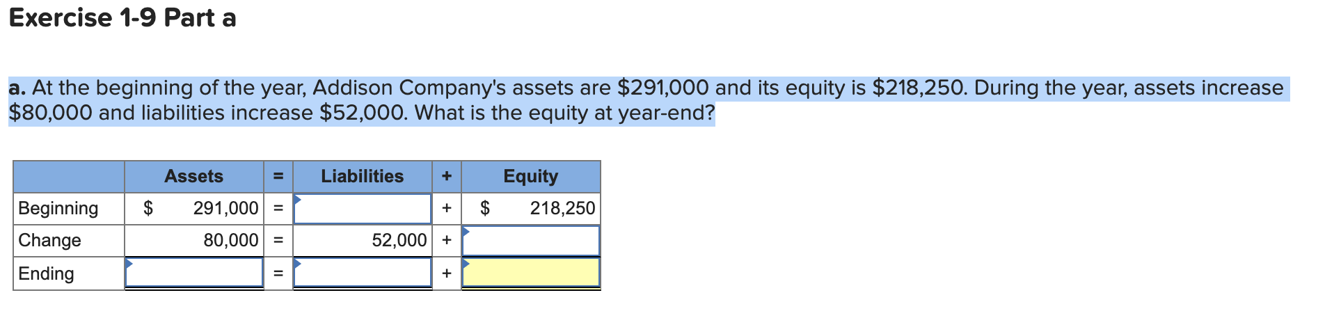 year, Addison Company's assets are $291,000 and its equity is $218,250. During