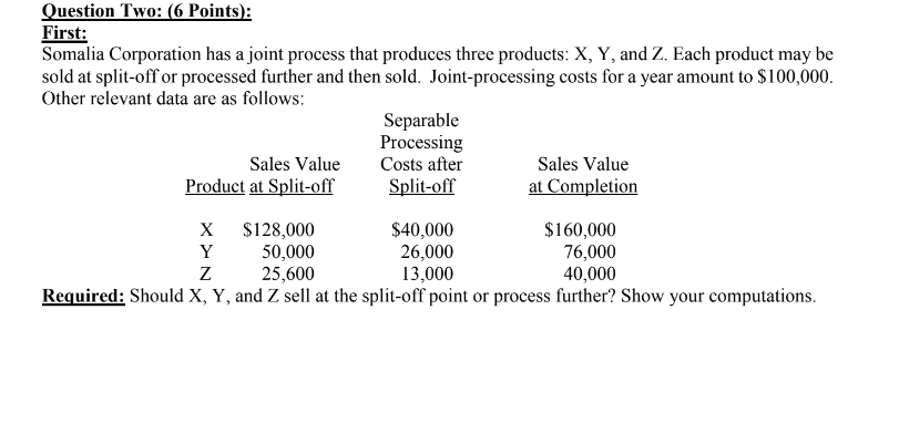  Question Two: (6 Points): First: Somalia Corporation has a joint process