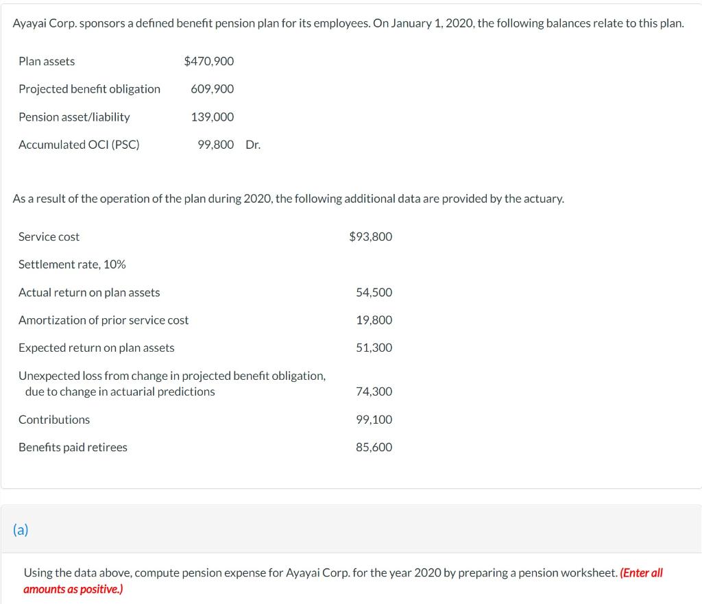  Using the data above, compute pension expense for Ayayai Corp. for