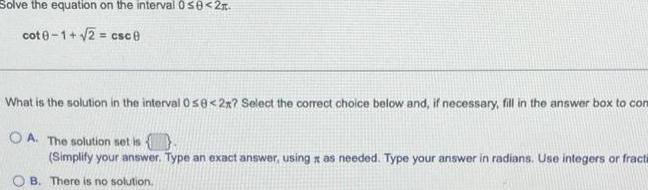  Solve the equation on the interval 0 0 2 cot 0