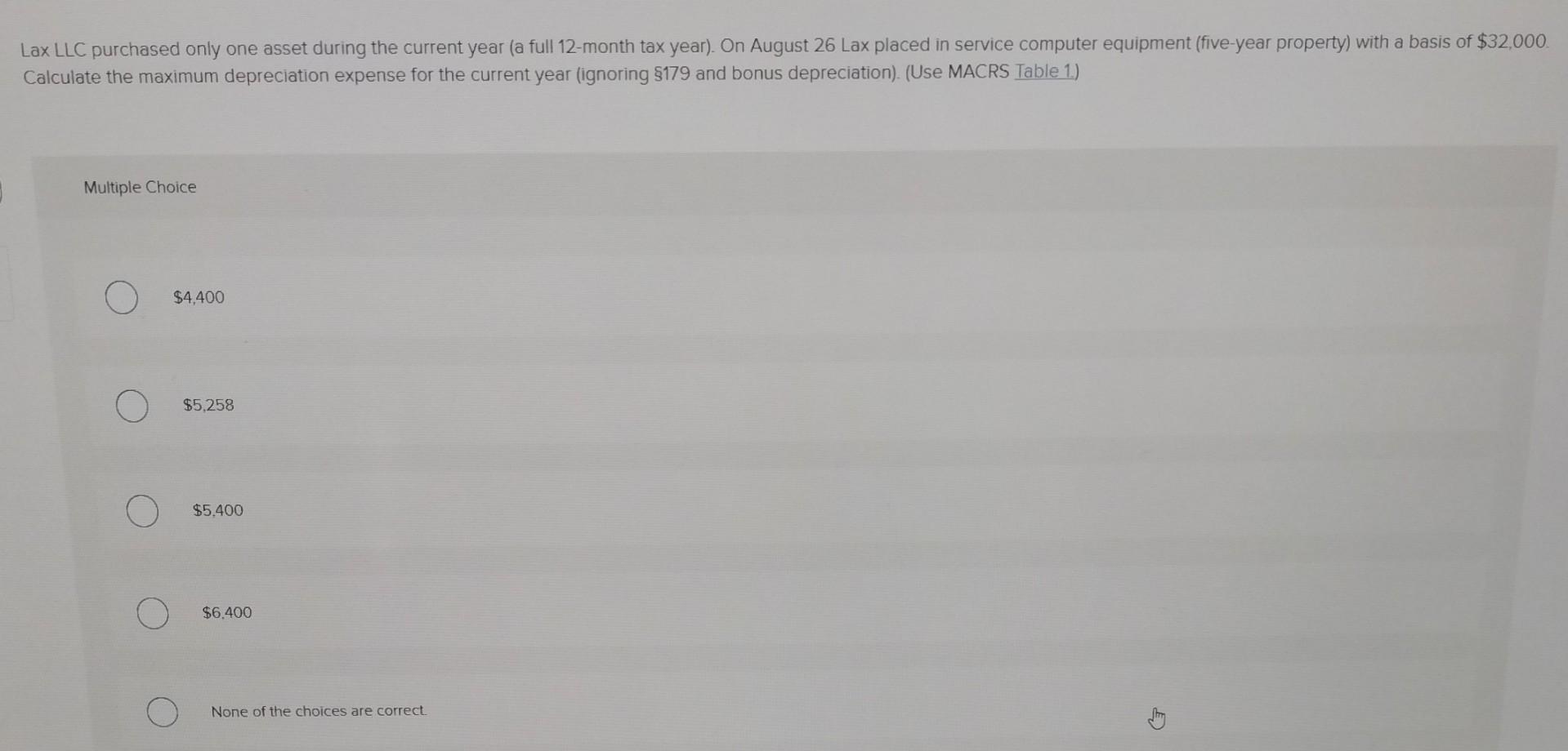 maximum depreciation expense for the current year (ignoring $179 and bonus depreciation).