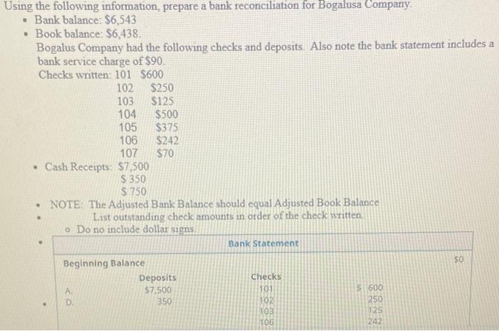 Bogalus Company had the following checks and deposits. Also note the bank