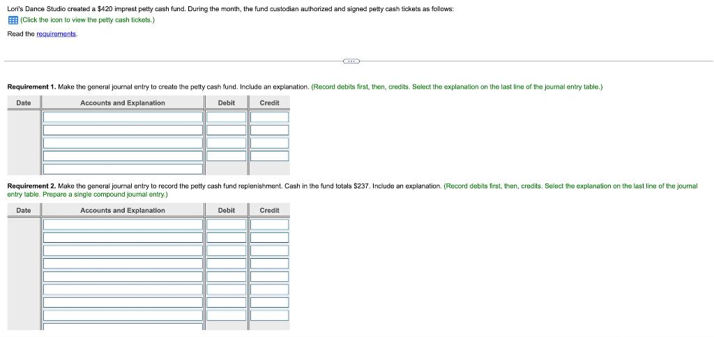 Lori's Dance Studio created a $420 imprest petty cash fund. During