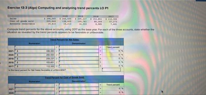  Exercise 13-3 (Algo) Computing and analyzing trend percents LO P1 2021