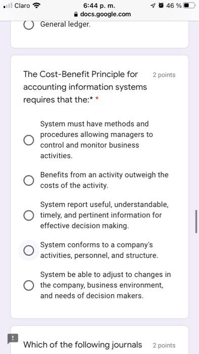 . Claro 46% 6:44 p. m. docs.google.com General ledger. 2 points