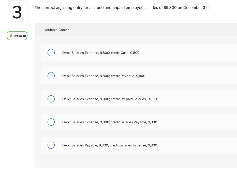 $9,800 on December 31 is: Multiple Choice Debit Salaries Expense, 9,800; credit