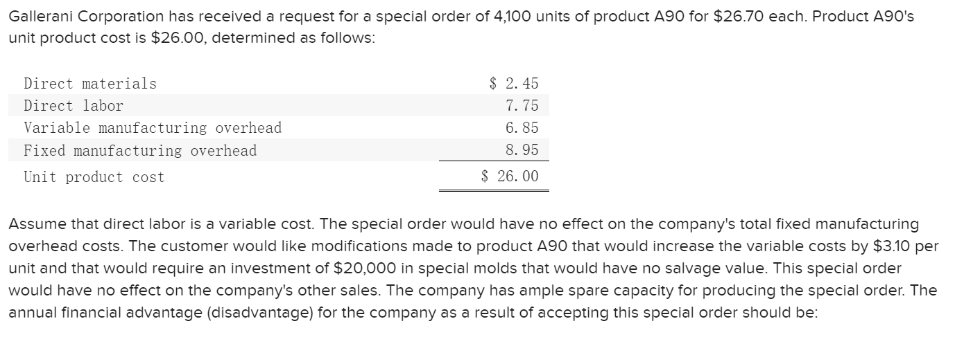 4,100 units of product A90 for $26.70 each. Product A90 's unit