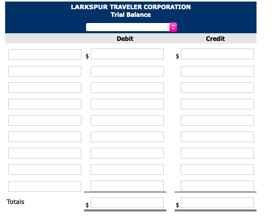 blanks. Thank you. Exercise 3-03 The following trial balance of Larkspur Traveler