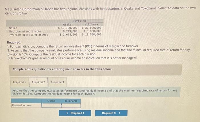 Assume that the company evaluates performance using residual income and that the