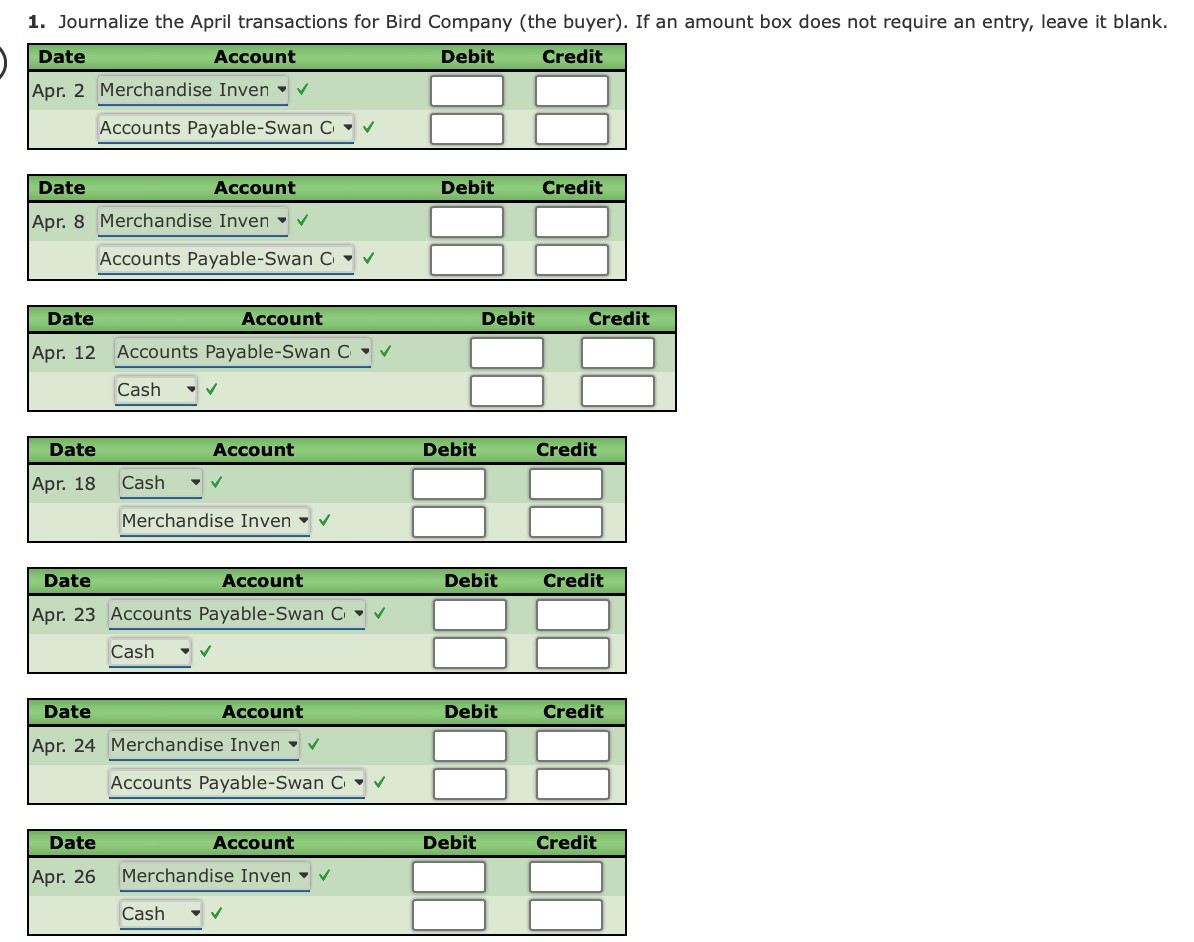 and Bird Company: Apr. 2. Swan Company sold merchandise on account to