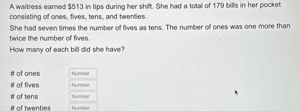 a total of 179 bills in her pocket consisting of ones fives