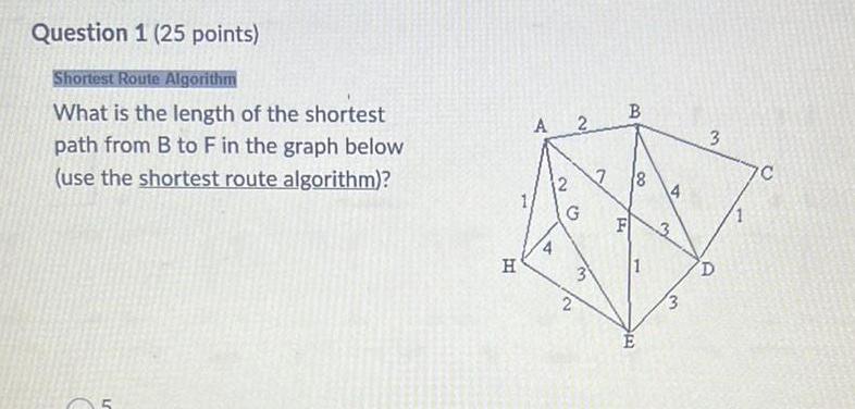 Question 1 25 points Shortest Route Algorithm What is the length