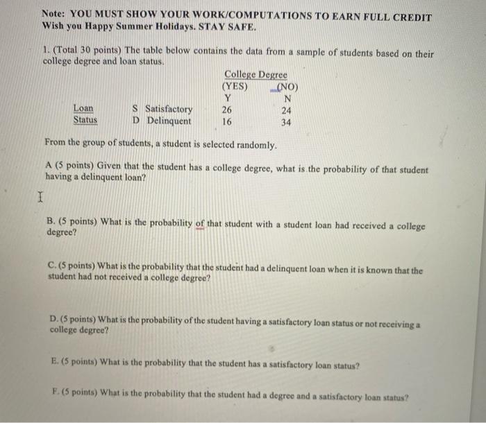  Note: YOU MUST SHOW YOUR WORK/COMPUTATIONS TO EARN FULL CREDIT Wish