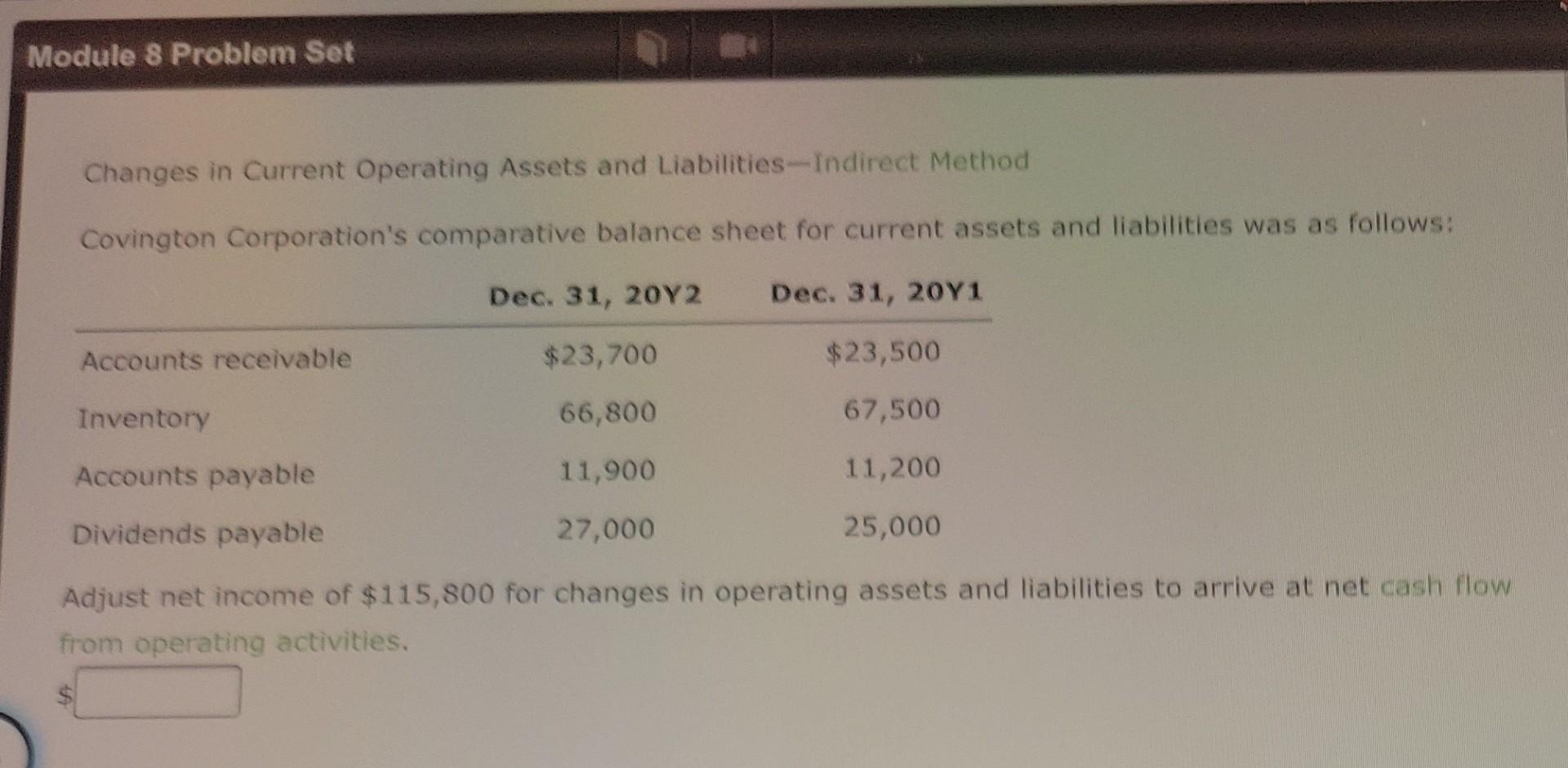 Liabilities-Indirect Method Covington Corporation's comparative balance sheet for current assets and liabilities