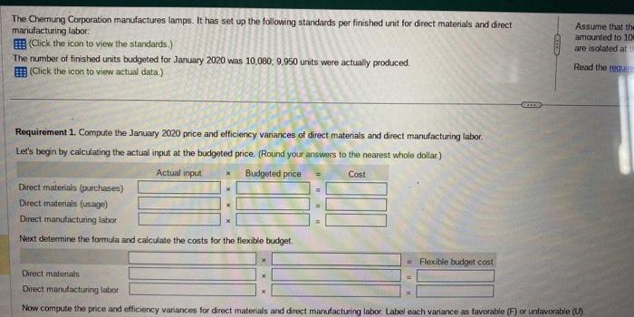the January 2020 price and efficiency variances of direct materials and direct