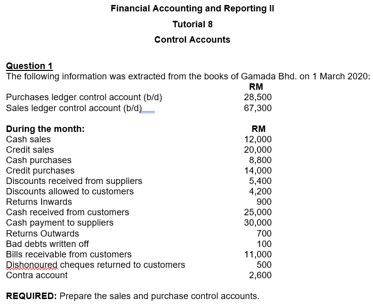 Financial Accounting and Reporting II Tutorial 8 Control Accounts Question 1