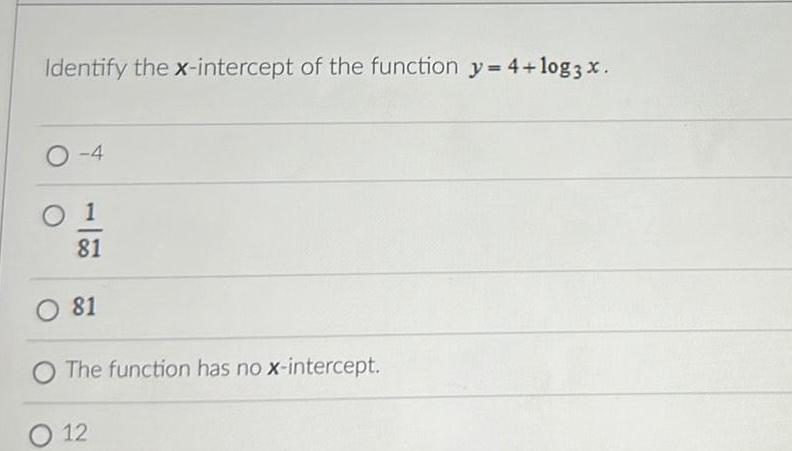  Identify the x intercept of the function y 4 log3 x