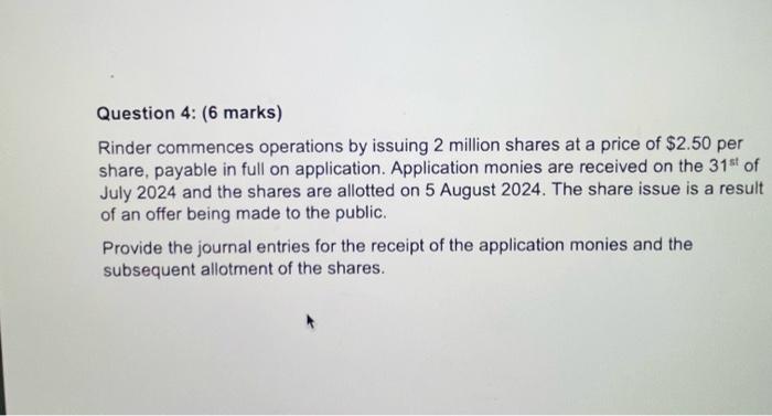 marks) Rinder commences operations by issuing 2 million shares at a price