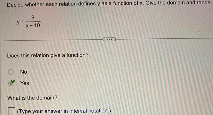 Give the domain and range 9 x 10 y Does this relation