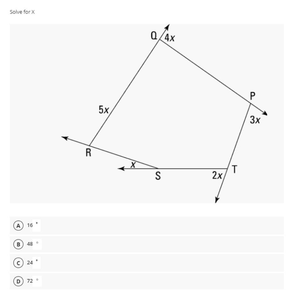 Solve for X A 16 B 48 C 24 D 72