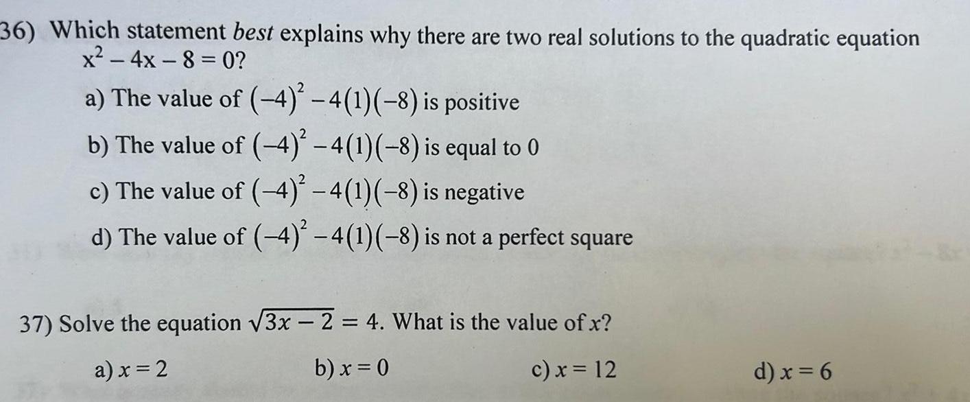 to the quadratic equation x 4x 8 0 a The value of